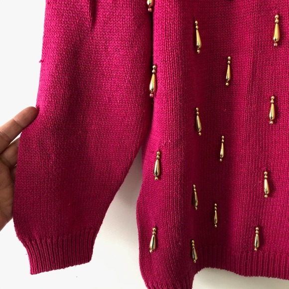 Vintage 80s Barbie Hot Pink Sweater Gold Embellished Tassels Cervelle Large - Picture 4 of 9